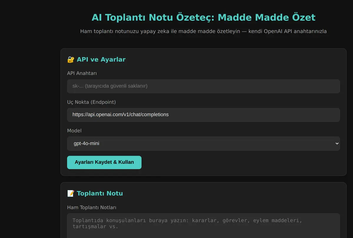 AI Toplantı Notu Özeteç: Madde Madde Özet ekran görüntüsü