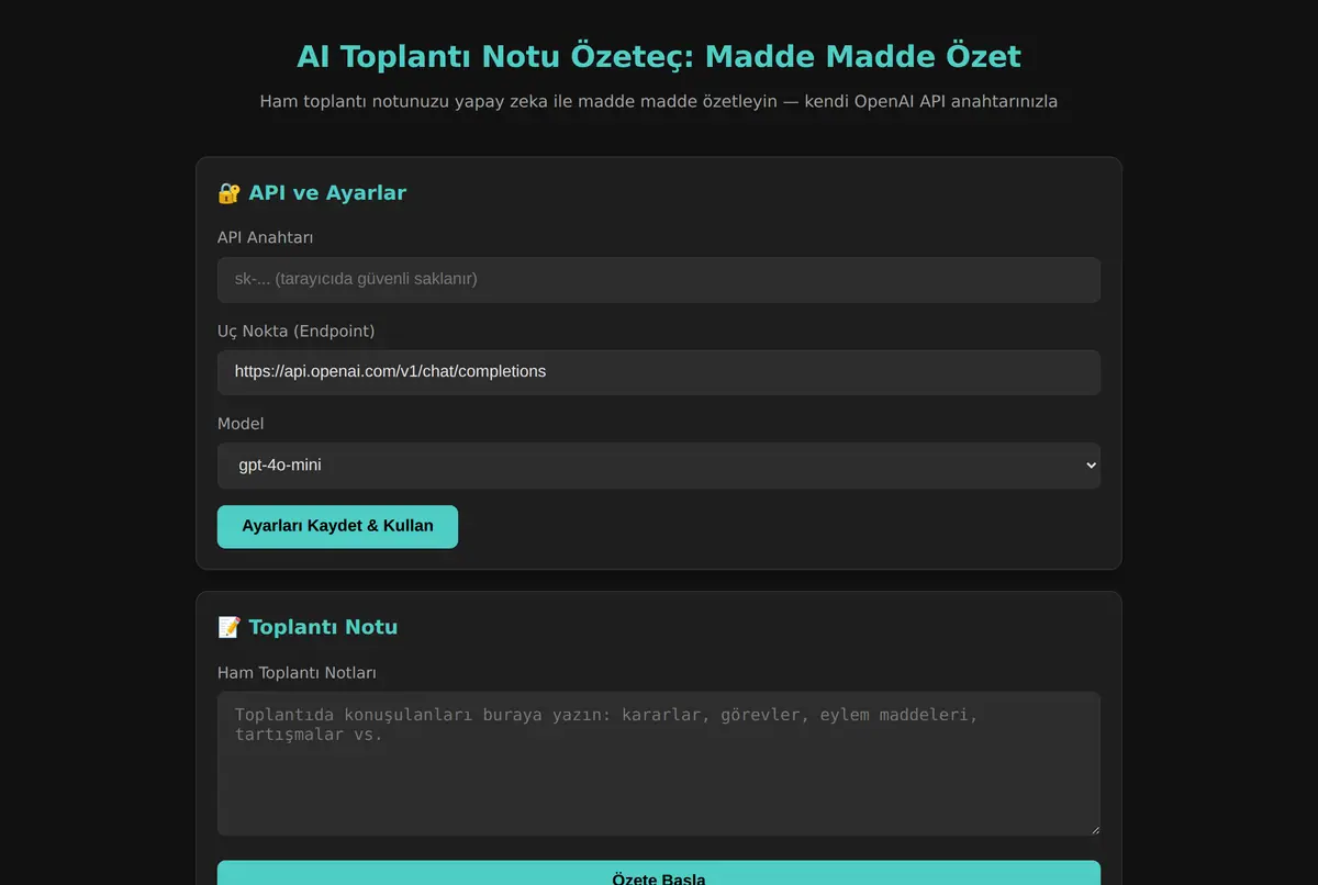 AI Toplantı Notu Özeteç: Madde Madde Özet ekran görüntüsü 2
