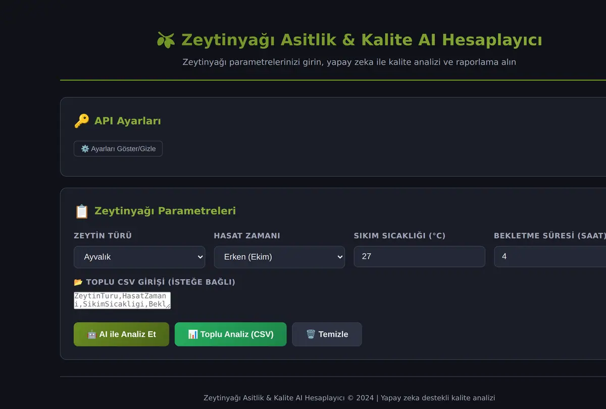 Zeytinyağı Asitlik & Kalite AI Hesaplayıcı ekran görüntüsü