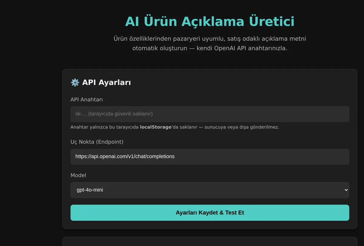 AI Ürün Açıklama Üretici ekran görüntüsü