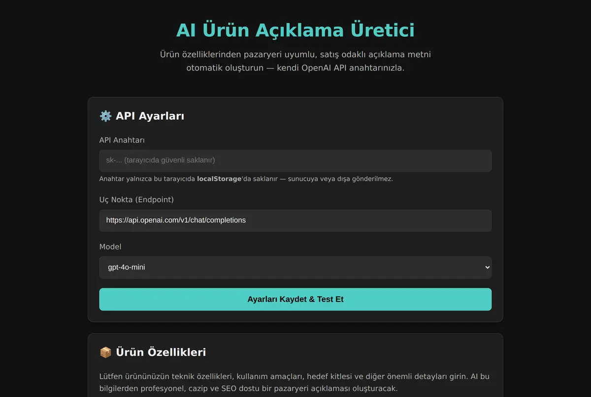 AI Ürün Açıklama Üretici ekran görüntüsü 2