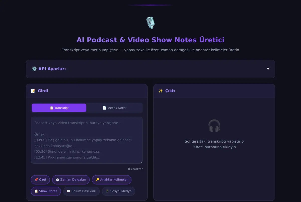AI Podcast & Video Show Notes Üretici ekran görüntüsü 2