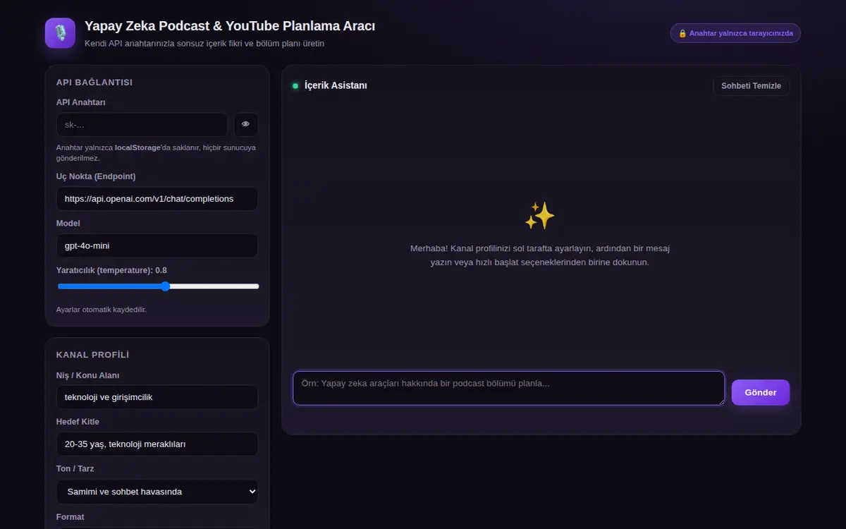 Yapay Zeka ile Podcast & YouTube Planlama ekran görüntüsü