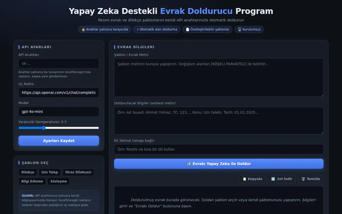 Yapay Zeka ile Resmi Evrak Doldurucu ekran görüntüsü
