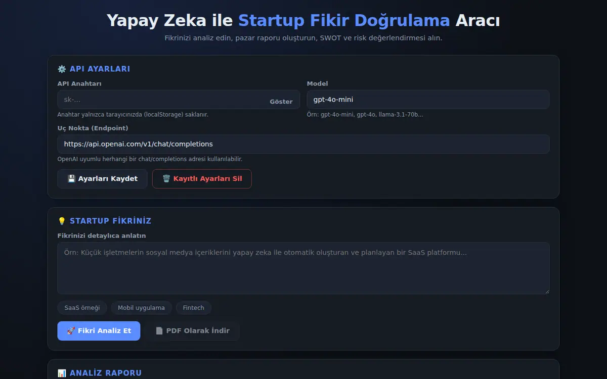 Yapay Zeka ile Startup Fikir Doğrulama Aracı ekran görüntüsü