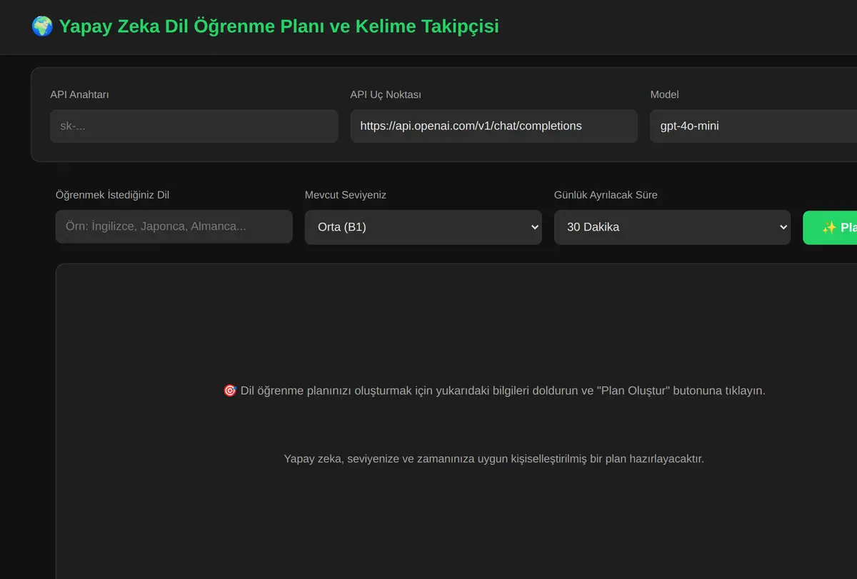Yapay Zeka Dil Öğrenme Planı ve Kelime Takipçisi ekran görüntüsü