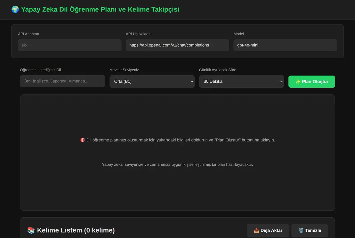 Yapay Zeka Dil Öğrenme Planı ve Kelime Takipçisi ekran görüntüsü 2