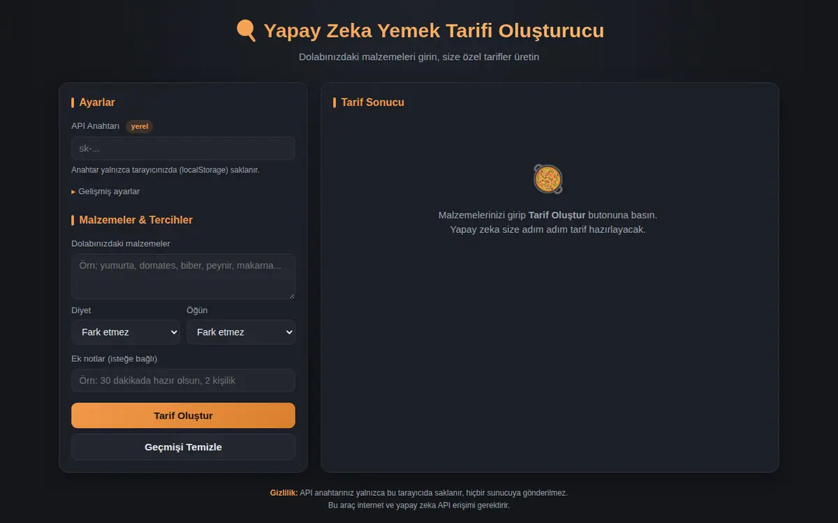 Yapay Zeka ile Yemek Tarifi Oluşturucu ekran görüntüsü