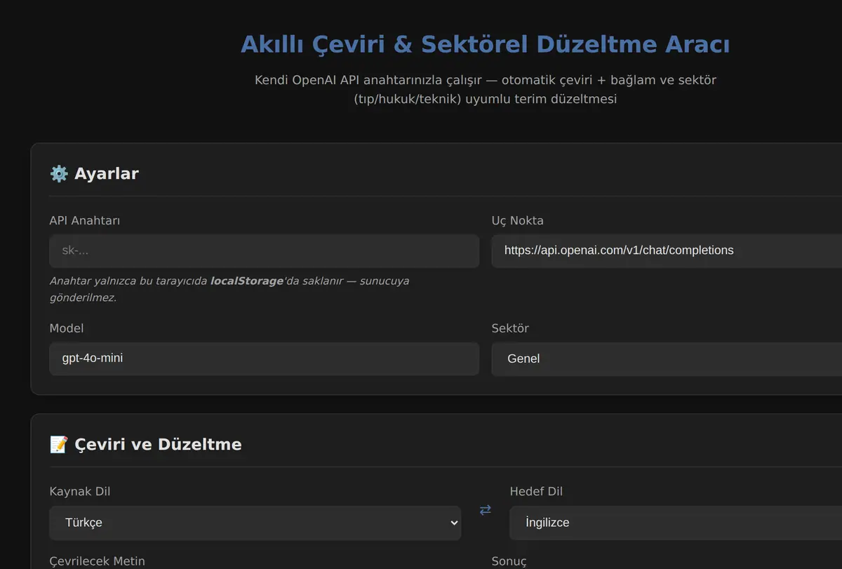 Akıllı Çeviri & Sektörel Düzeltme Aracı ekran görüntüsü