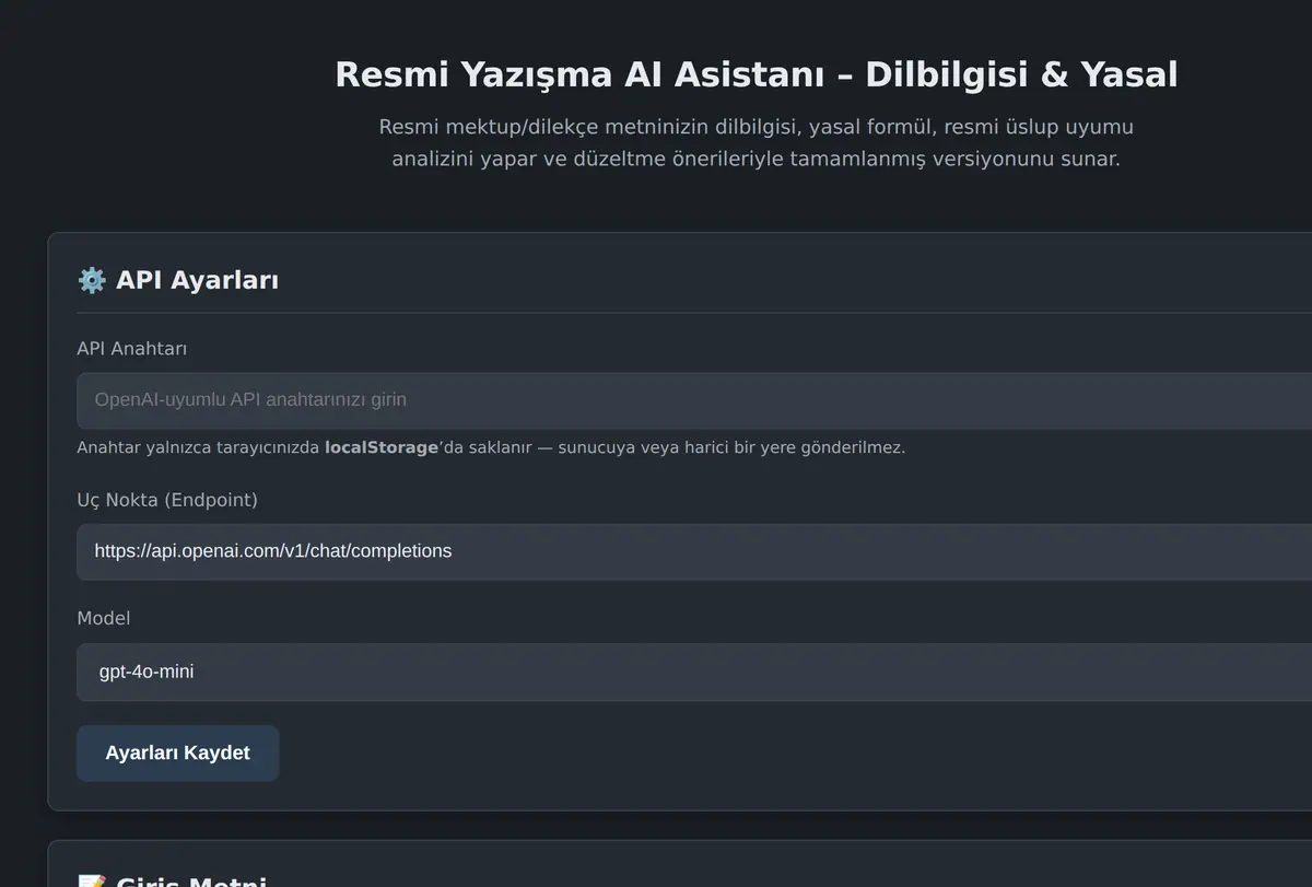 Resmi Yazışma AI Asistanı - Dilbilgisi & Yasal ekran görüntüsü