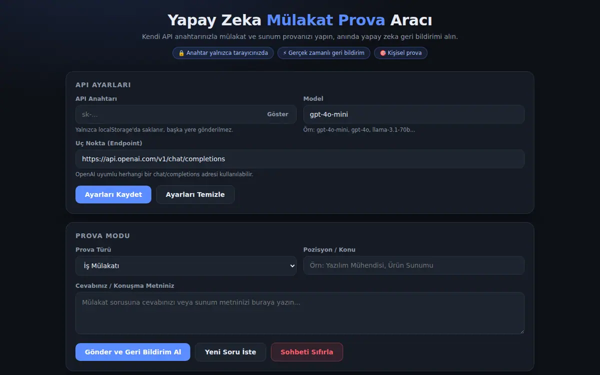 Yapay Zeka Mülakat Prova Aracı ekran görüntüsü