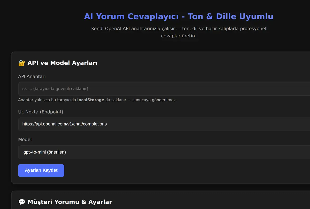 AI Yorum Cevaplayıcı - Ton & Dille Uyumlu ekran görüntüsü