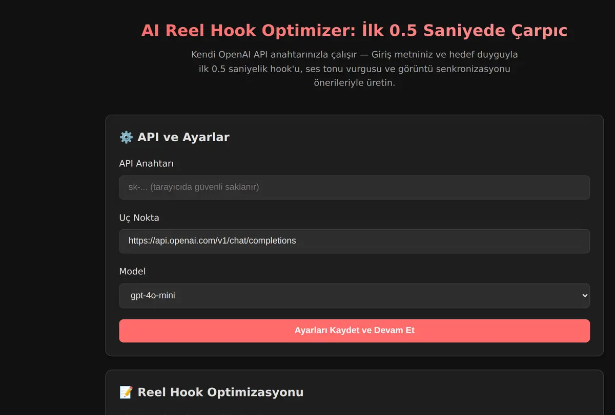 AI Reel Hook Optimizer: İlk 0.5 Saniyede Çarpıc ekran görüntüsü