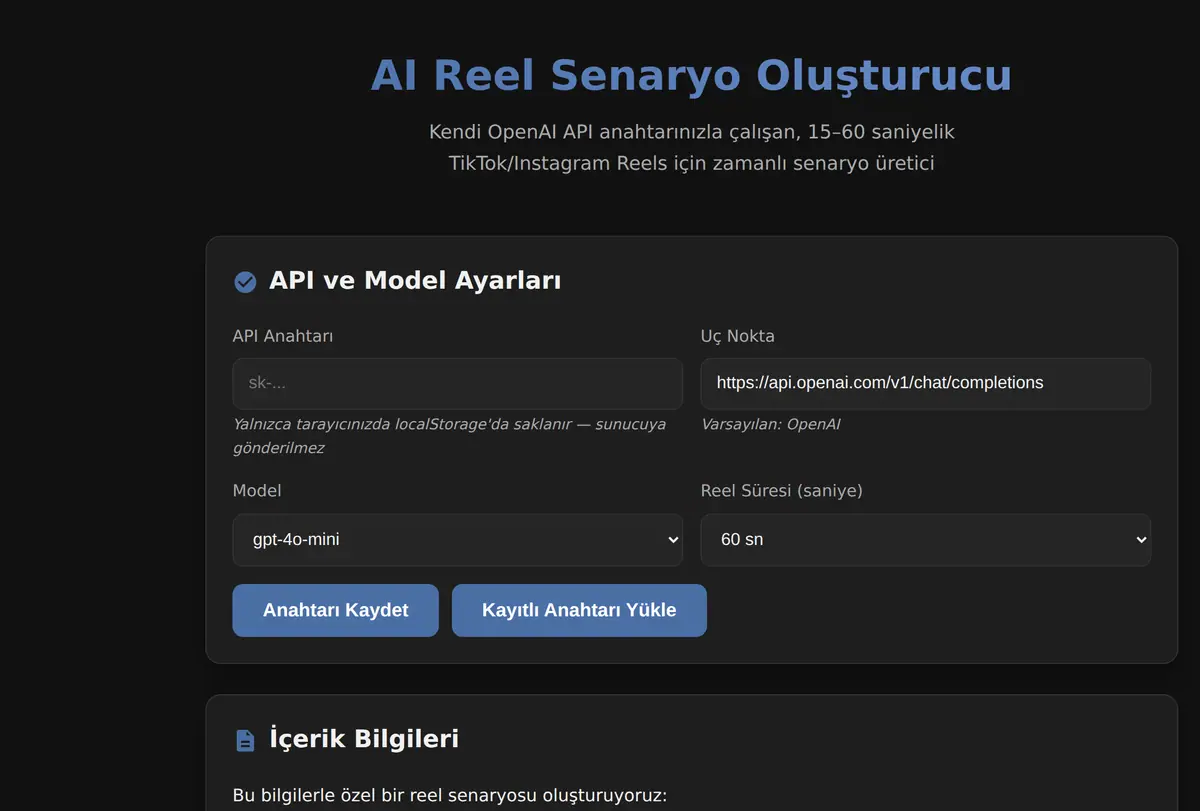 AI Reel Senaryo Oluşturucu ekran görüntüsü