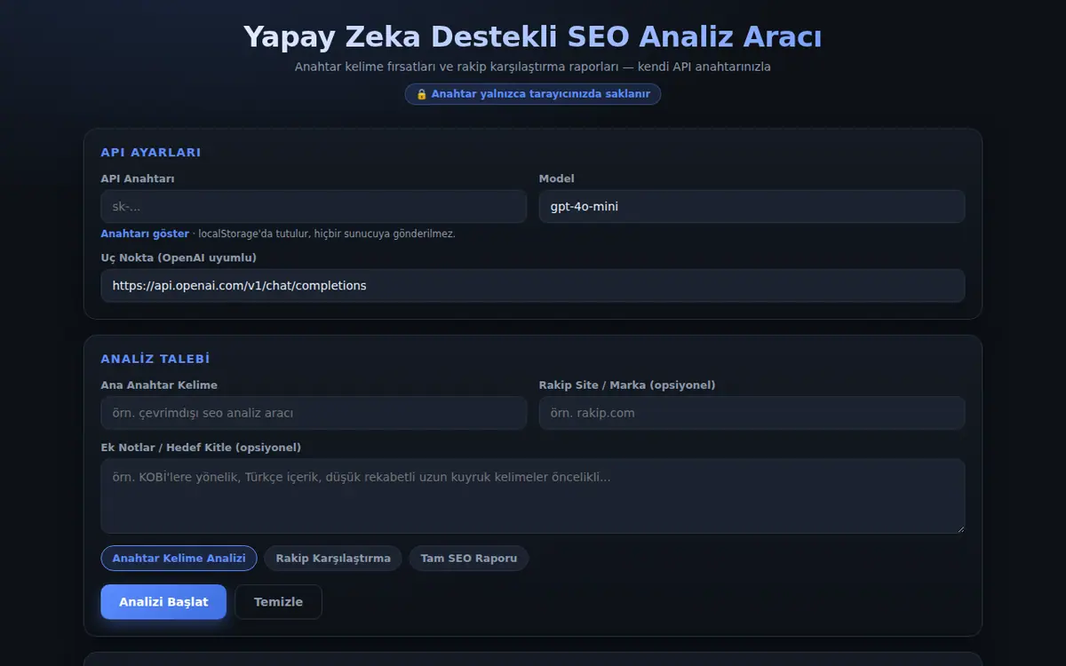 Yapay Zeka SEO Analiz Aracı Çevrimdışı ekran görüntüsü