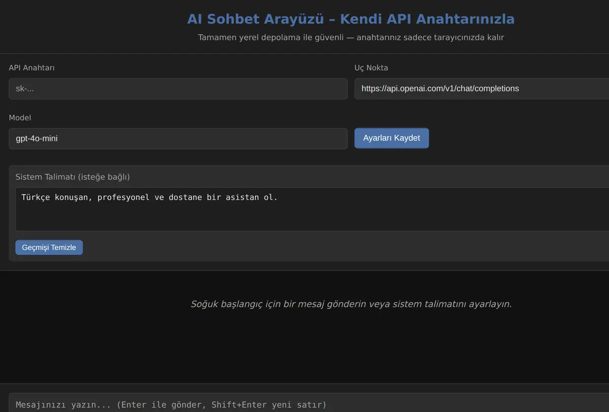 AI Sohbet Arayüzü - Kendi API Anahtarınızla ekran görüntüsü