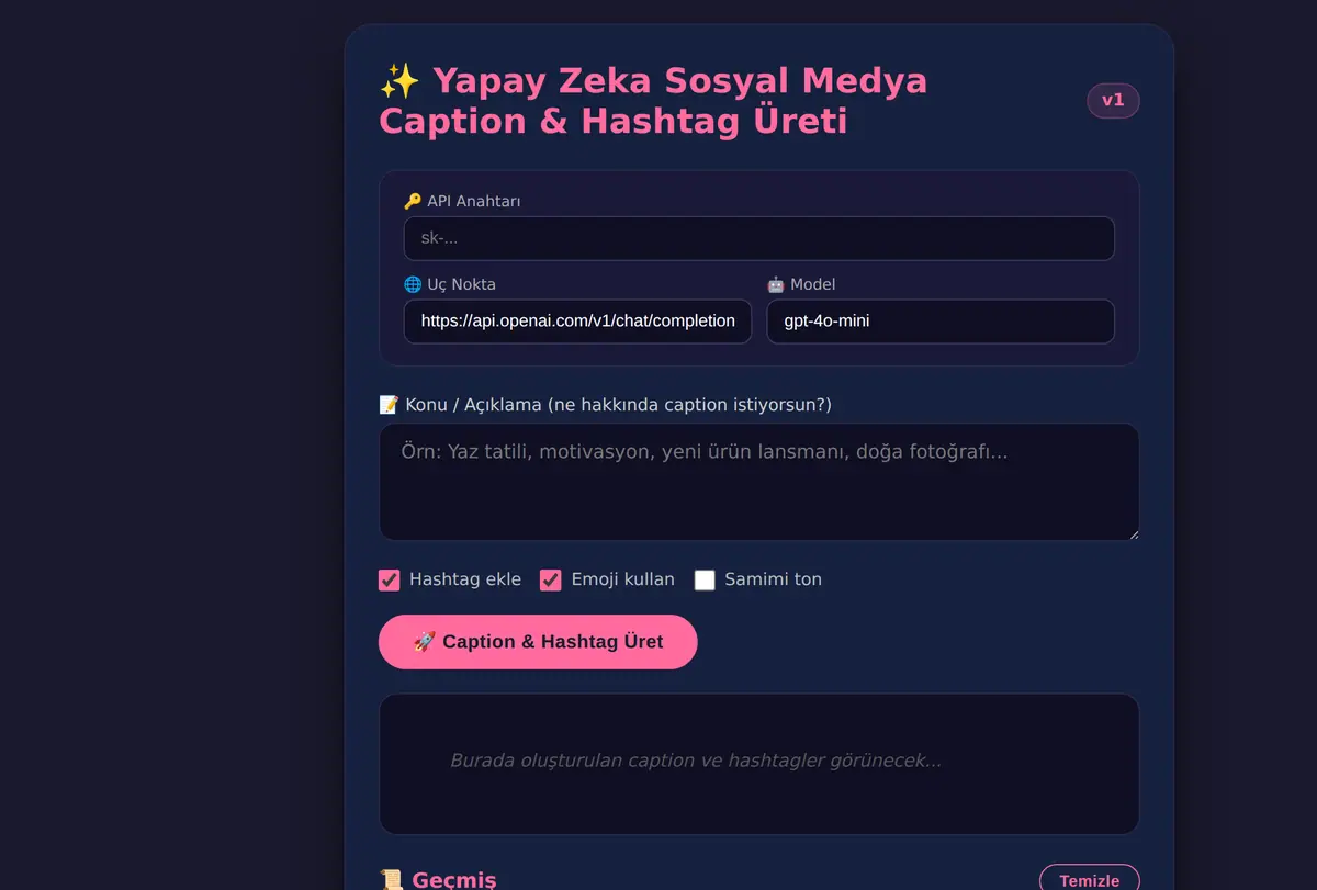 Yapay Zeka Sosyal Medya Caption & Hashtag Üreti ekran görüntüsü