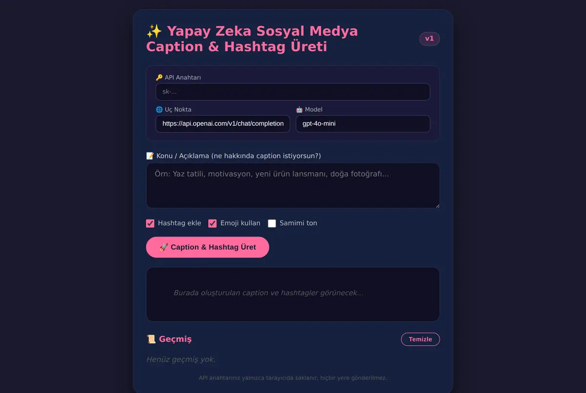 Yapay Zeka Sosyal Medya Caption & Hashtag Üreti ekran görüntüsü 2