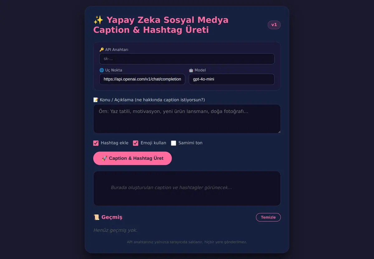 Yapay Zeka Sosyal Medya Caption & Hashtag Üreti ekran görüntüsü 3