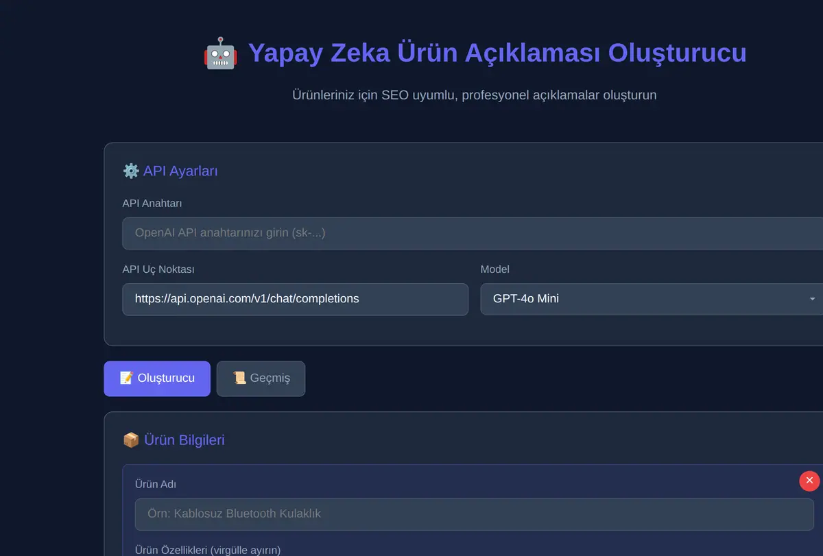 Yapay Zeka Ürün Açıklaması Oluşturucu ekran görüntüsü