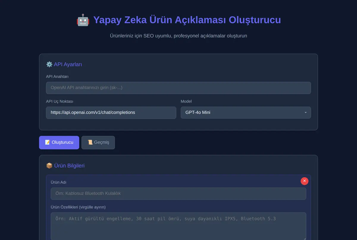Yapay Zeka Ürün Açıklaması Oluşturucu ekran görüntüsü 2