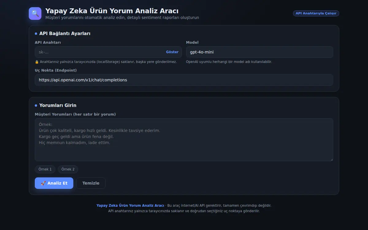 Yapay Zeka Ürün Yorum Analiz Aracı ekran görüntüsü