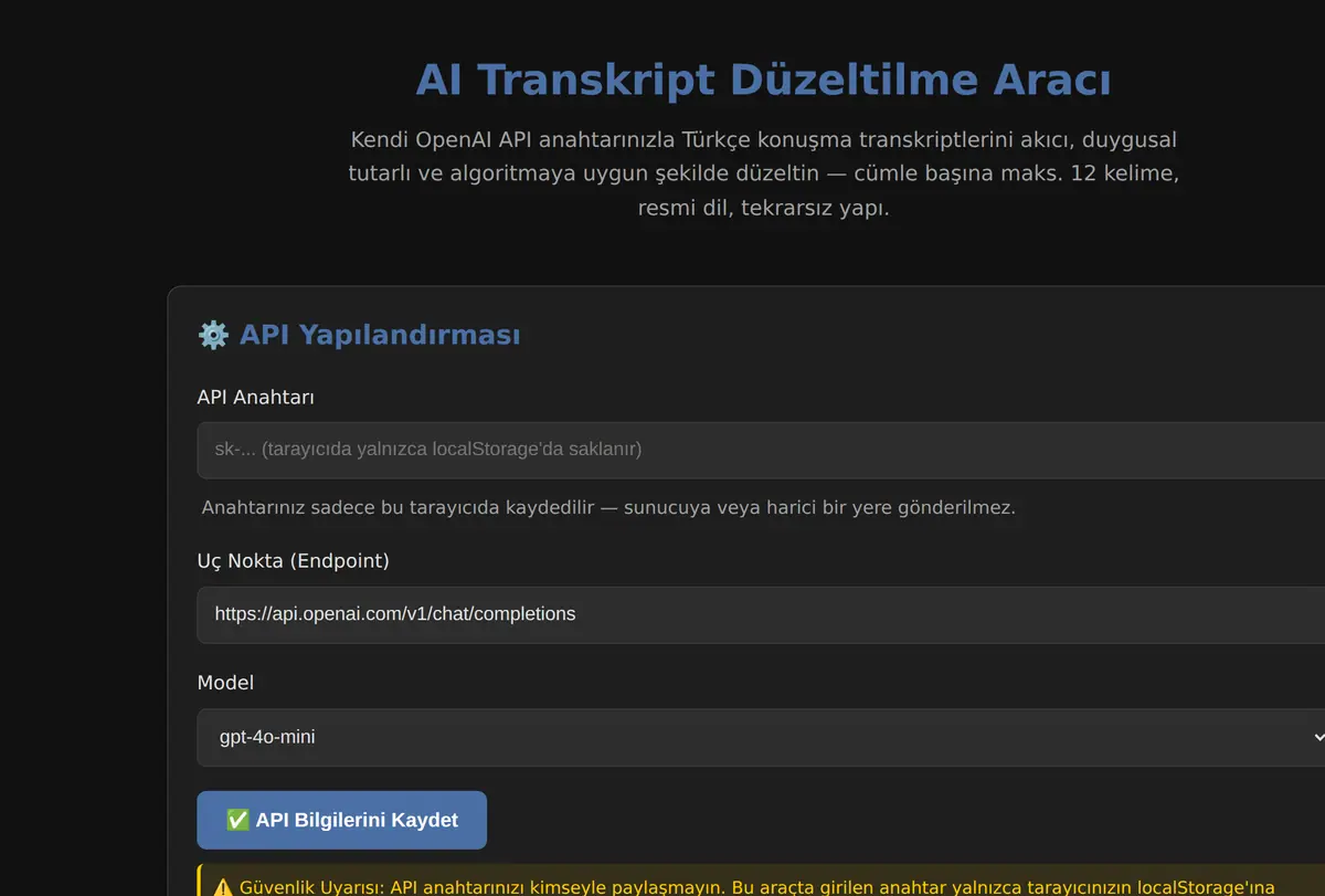 AI Transkript Düzeltilme Aracı ekran görüntüsü