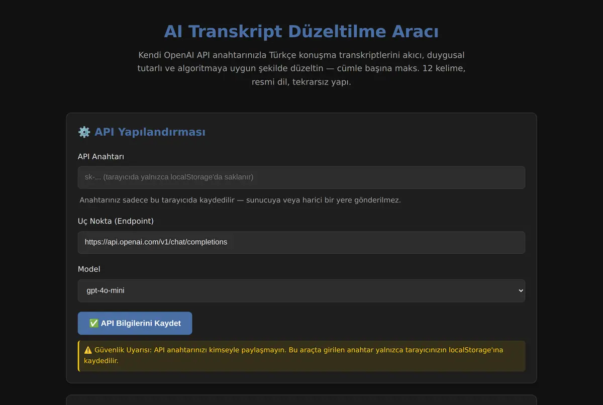 AI Transkript Düzeltilme Aracı ekran görüntüsü 2