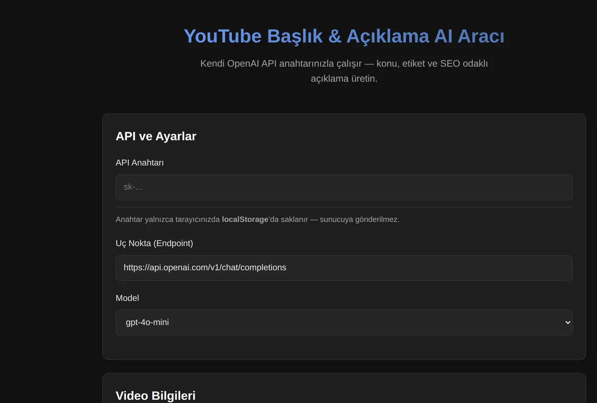 YouTube Başlık & Açıklama AI Aracı ekran görüntüsü