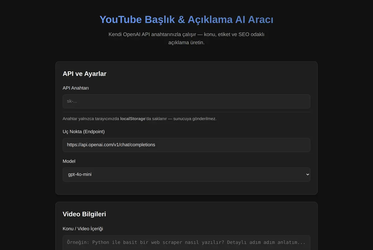 YouTube Başlık & Açıklama AI Aracı ekran görüntüsü 2