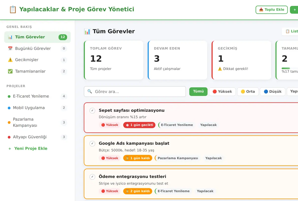 Yapılacaklar & Proje Görev Yönetici Aracı ekran görüntüsü