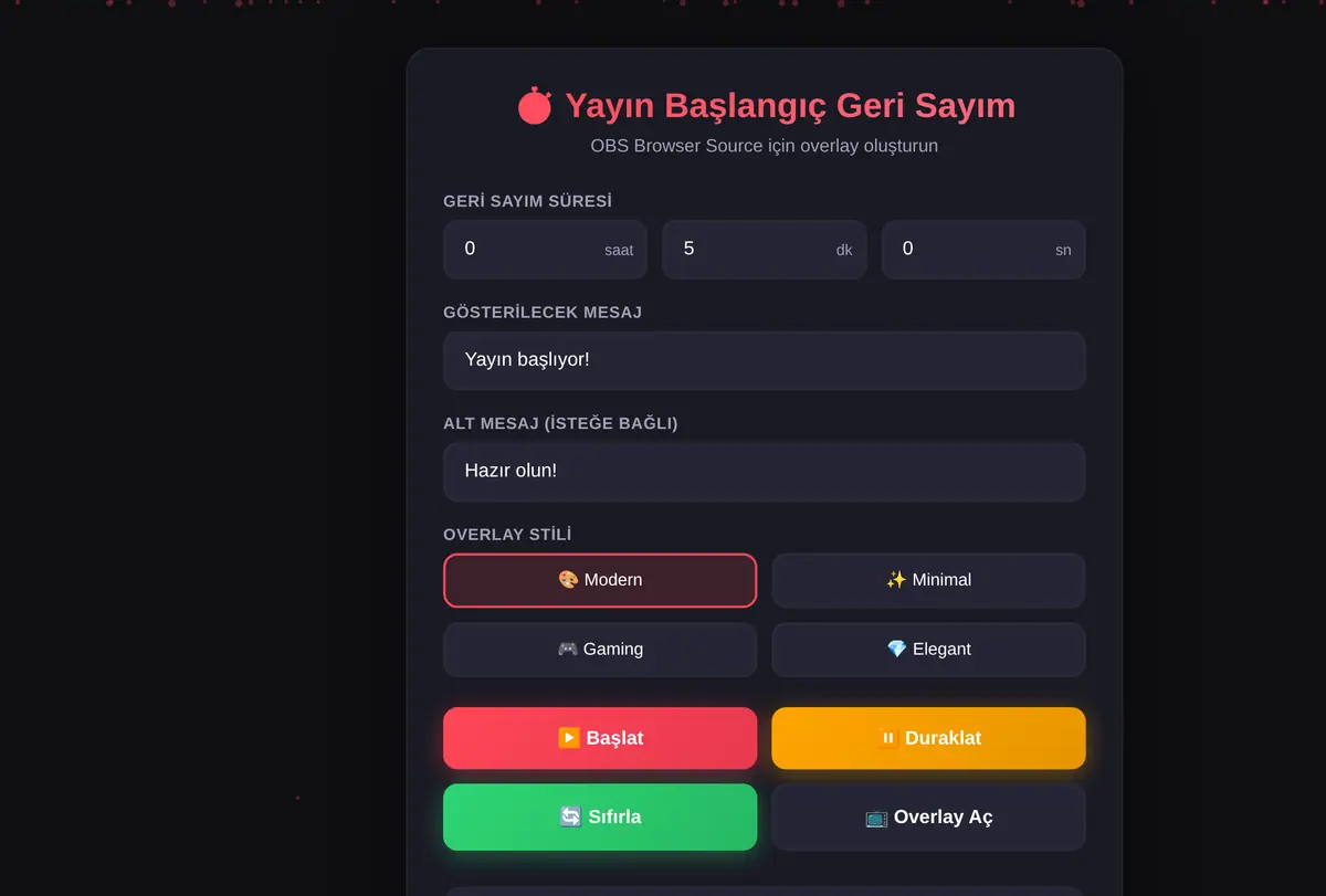 Yayın Başlangıç Geri Sayım Aracı - OBS Overlay ekran görüntüsü
