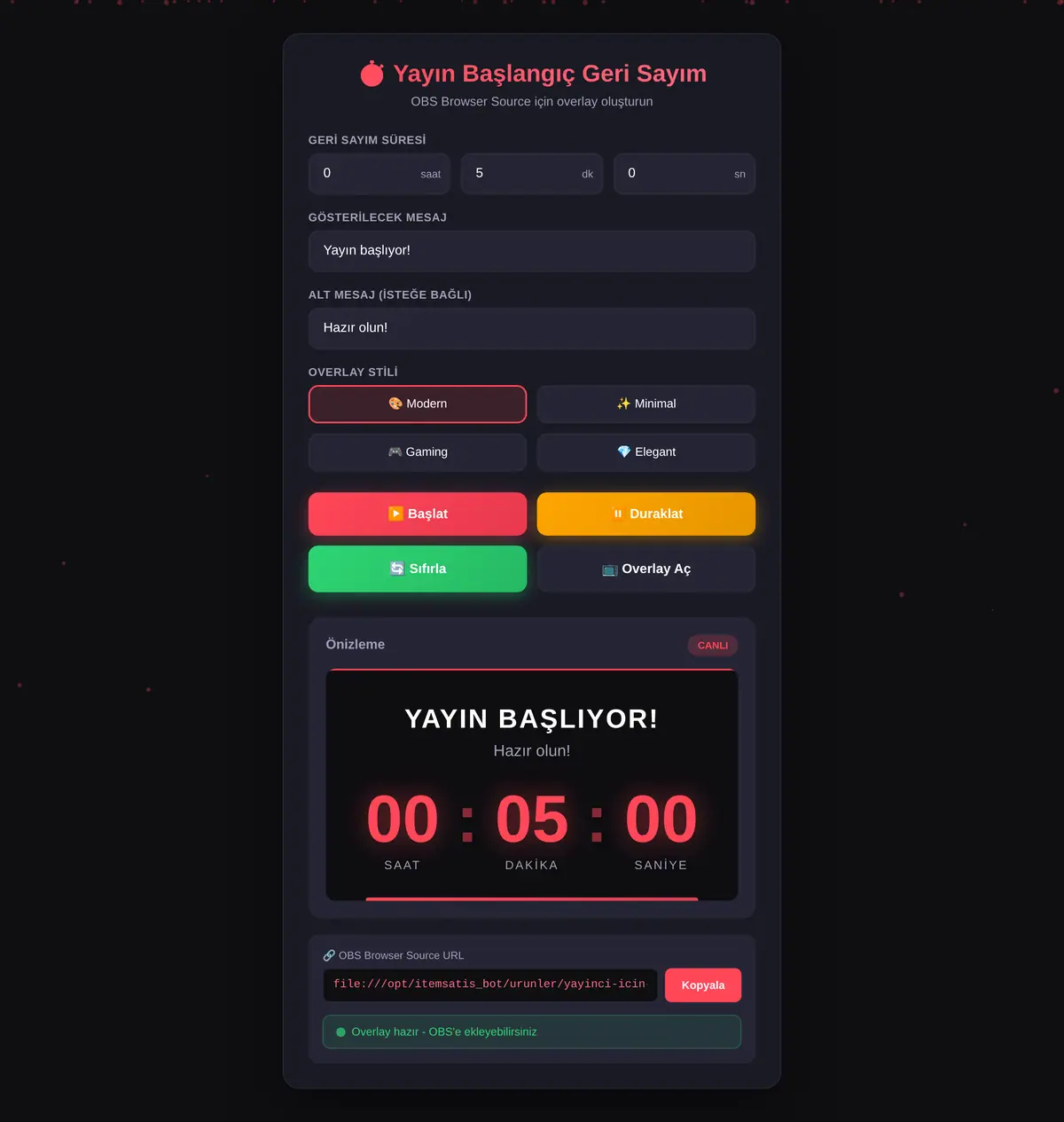 Yayın Başlangıç Geri Sayım Aracı - OBS Overlay ekran görüntüsü 3
