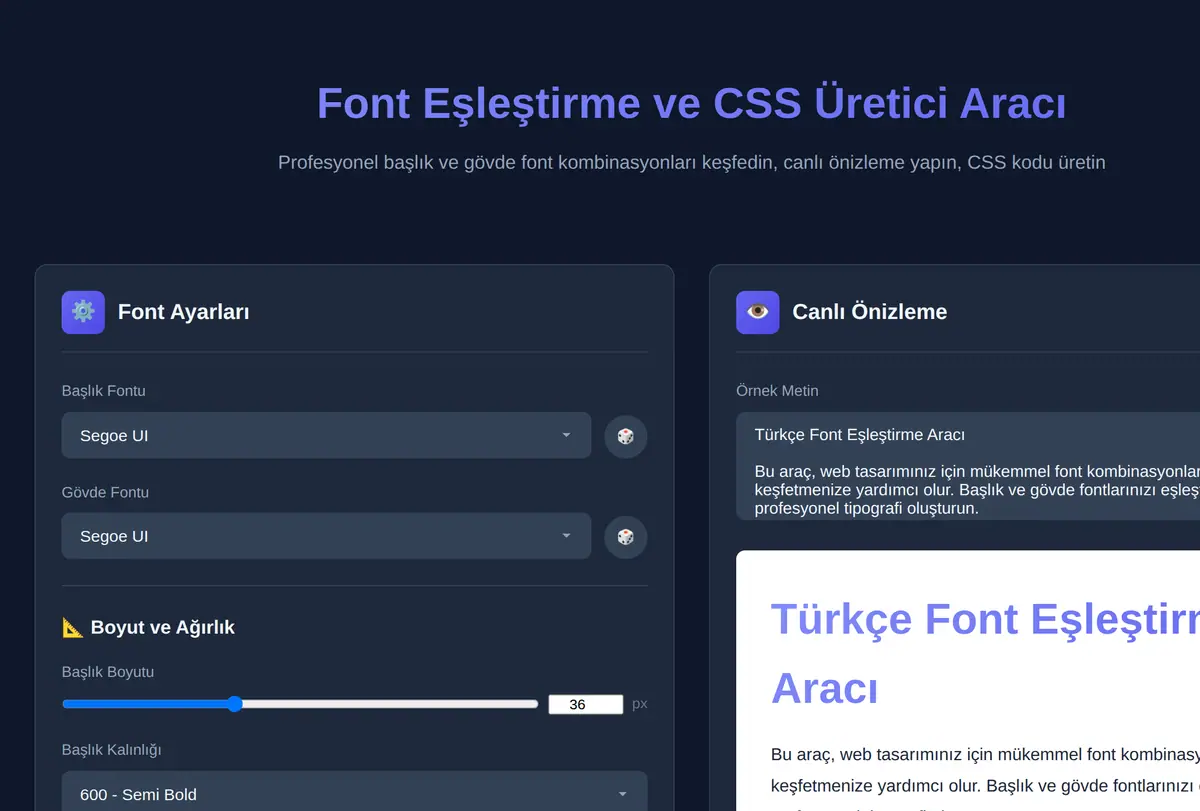 Font Eşleştirme ve CSS Üretici Aracı ekran görüntüsü