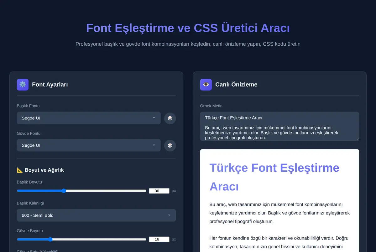 Font Eşleştirme ve CSS Üretici Aracı ekran görüntüsü 2