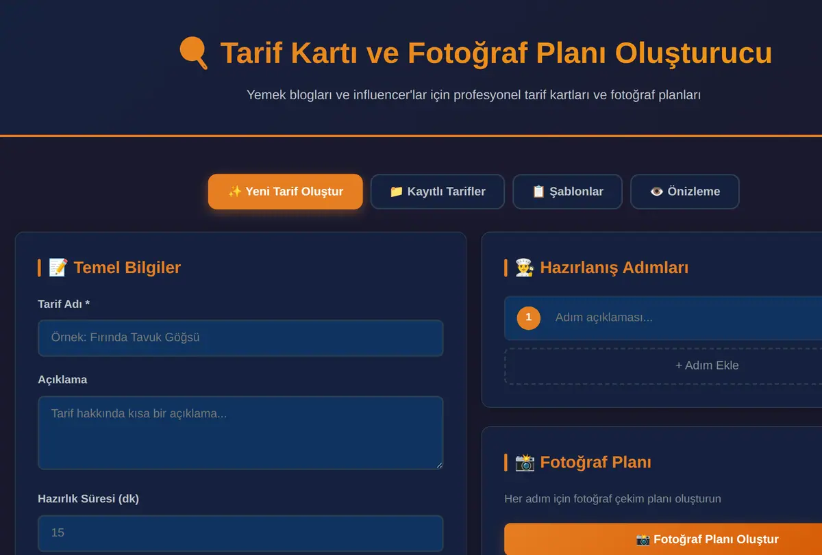 Tarif Kartı ve Fotoğraf Planı Oluşturucu ekran görüntüsü