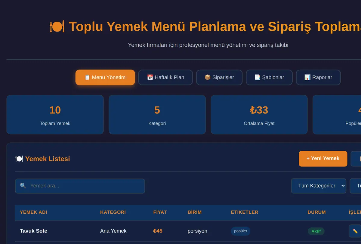 Toplu Yemek Menü Planlama ve Sipariş Toplama Aracı ekran görüntüsü