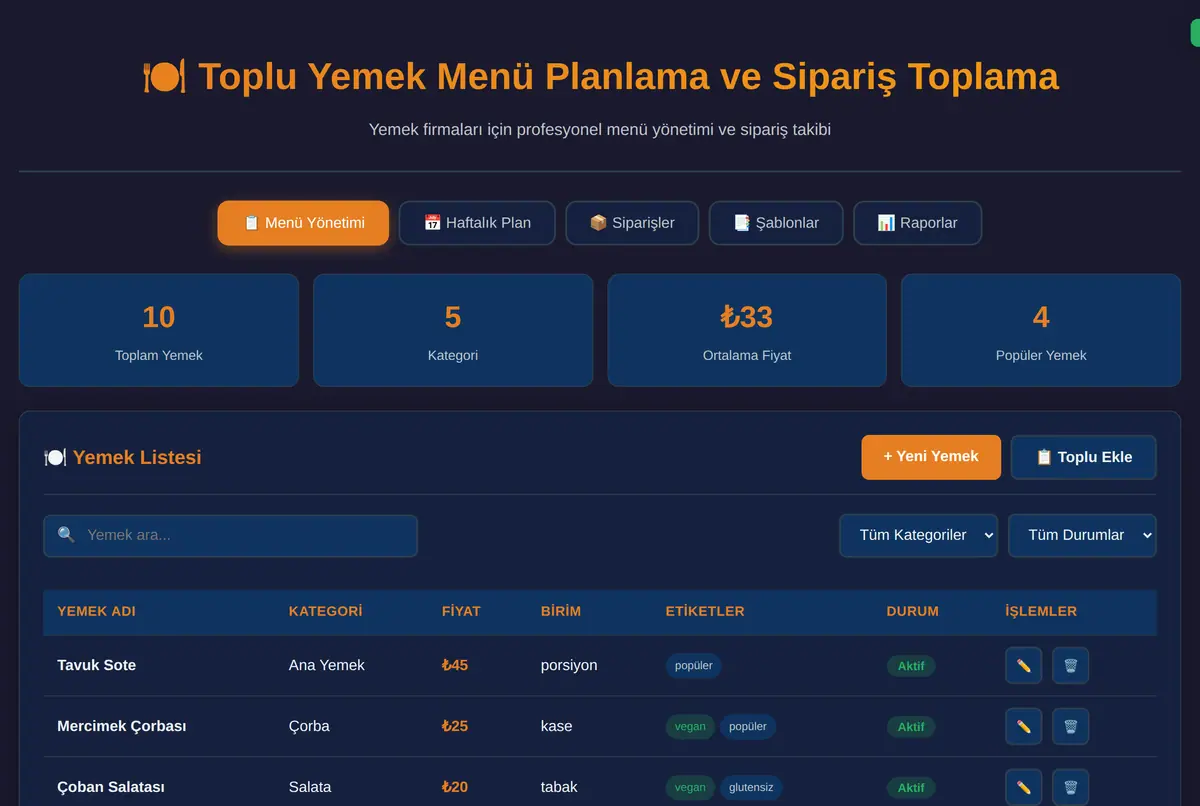 Toplu Yemek Menü Planlama ve Sipariş Toplama Aracı ekran görüntüsü 2