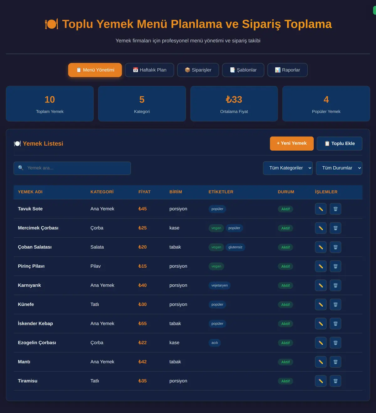 Toplu Yemek Menü Planlama ve Sipariş Toplama Aracı ekran görüntüsü 3