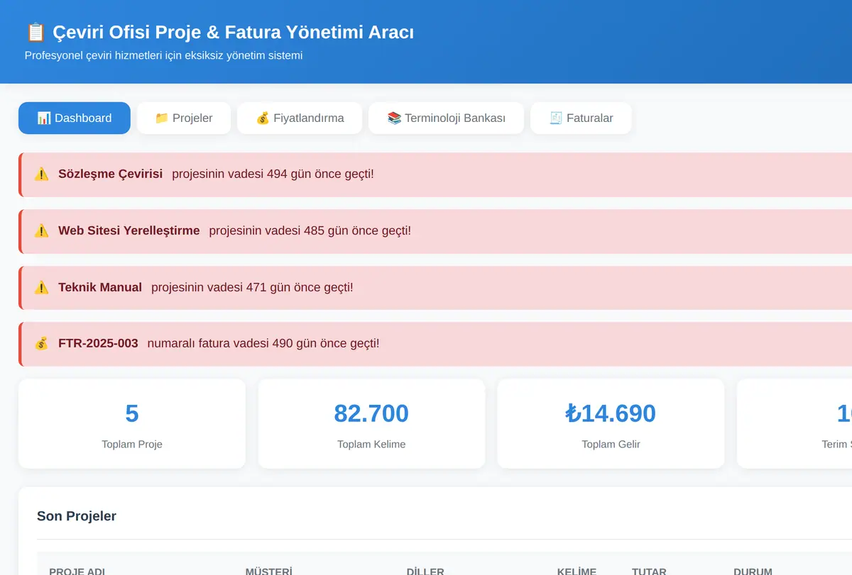 Çeviri Ofisi Proje & Fatura Yönetimi Aracı ekran görüntüsü