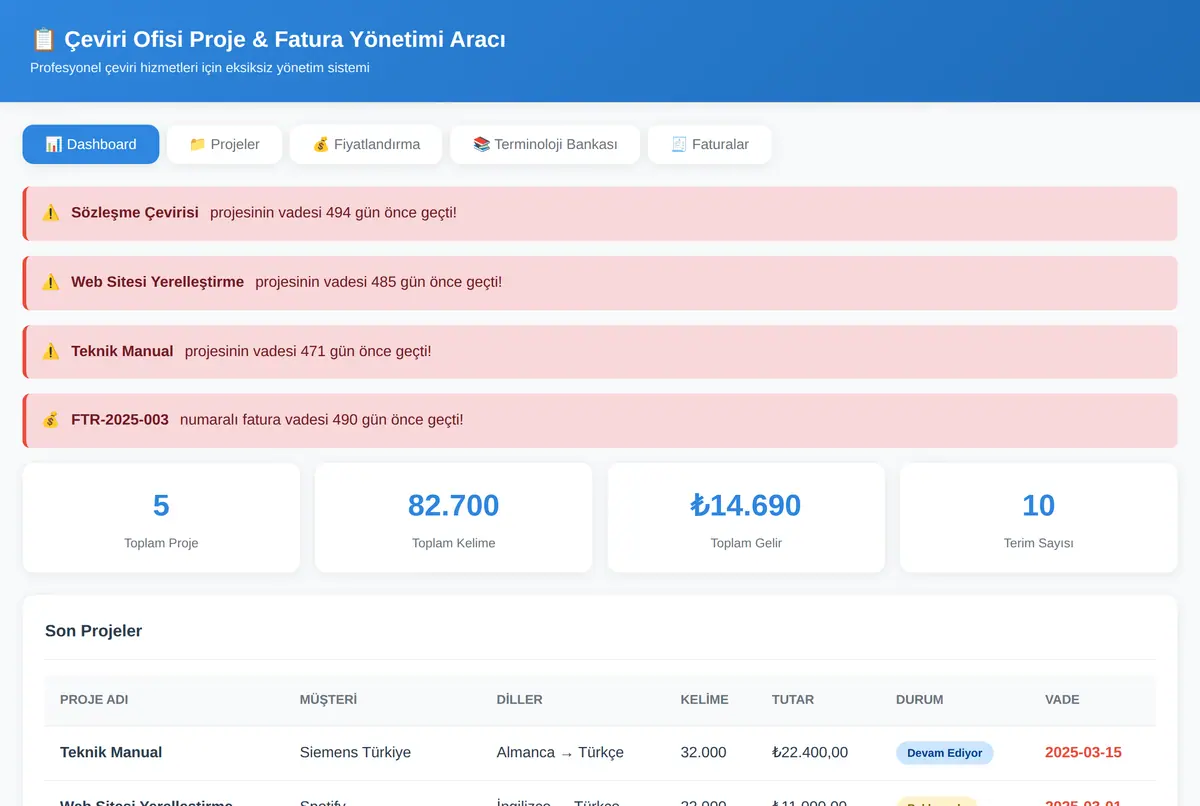 Çeviri Ofisi Proje & Fatura Yönetimi Aracı ekran görüntüsü 2