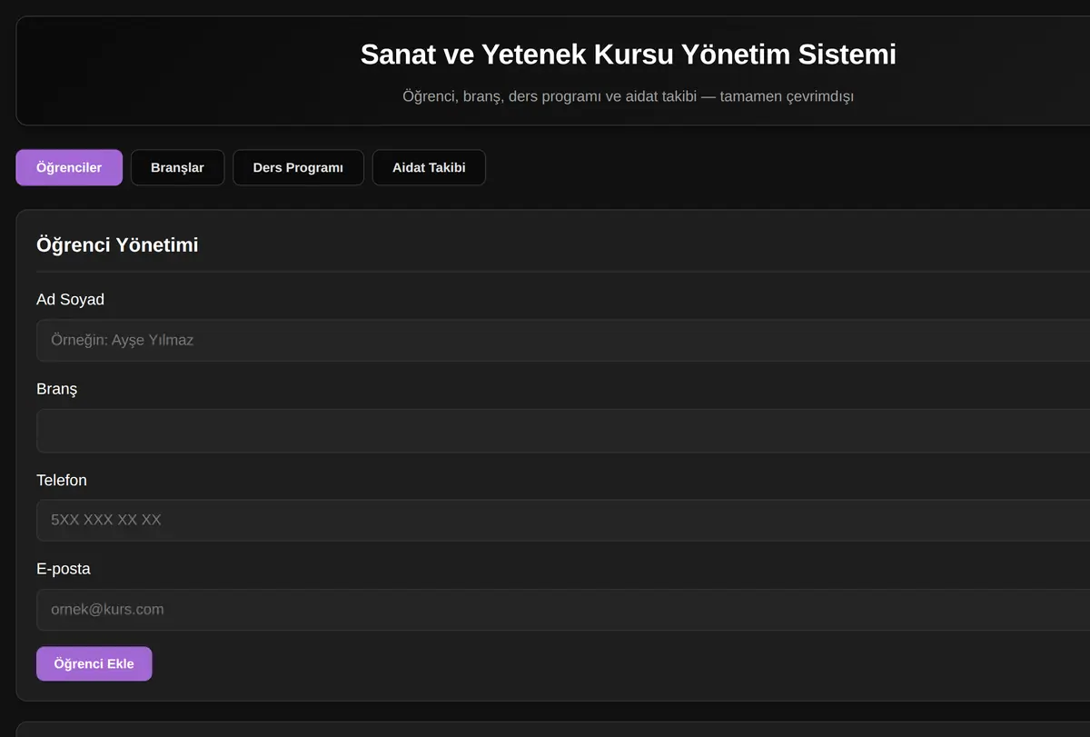 Sanat Kursu Yönetim Sistemi ekran görüntüsü