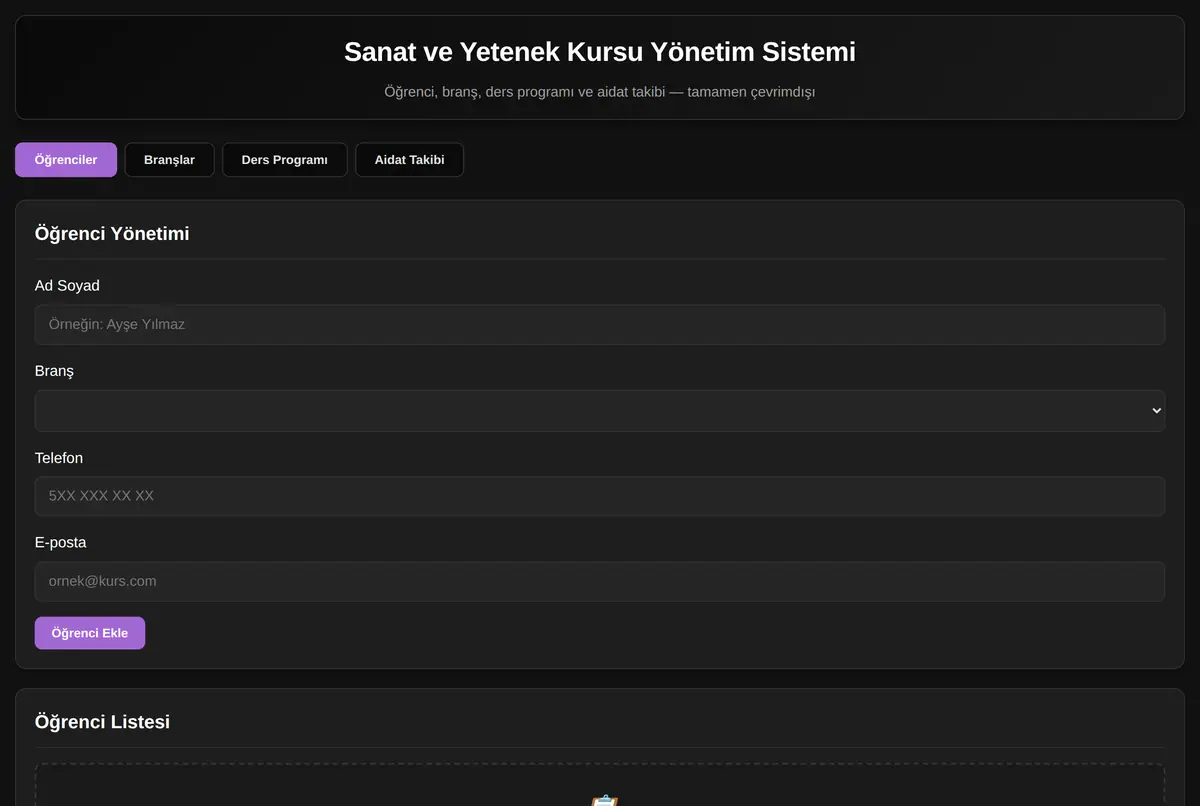 Sanat Kursu Yönetim Sistemi ekran görüntüsü 2