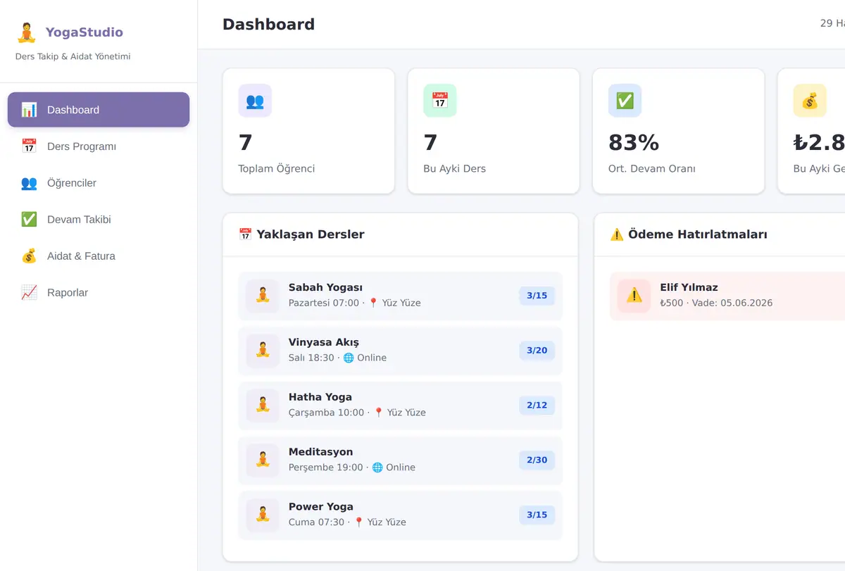 Yoga Ders Takip & Aidat Yönetim Aracı ekran görüntüsü