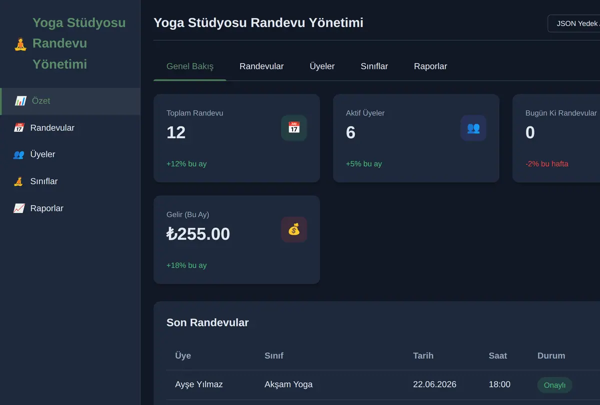 Yoga Stüdyosu Randevu Yönetimi ekran görüntüsü