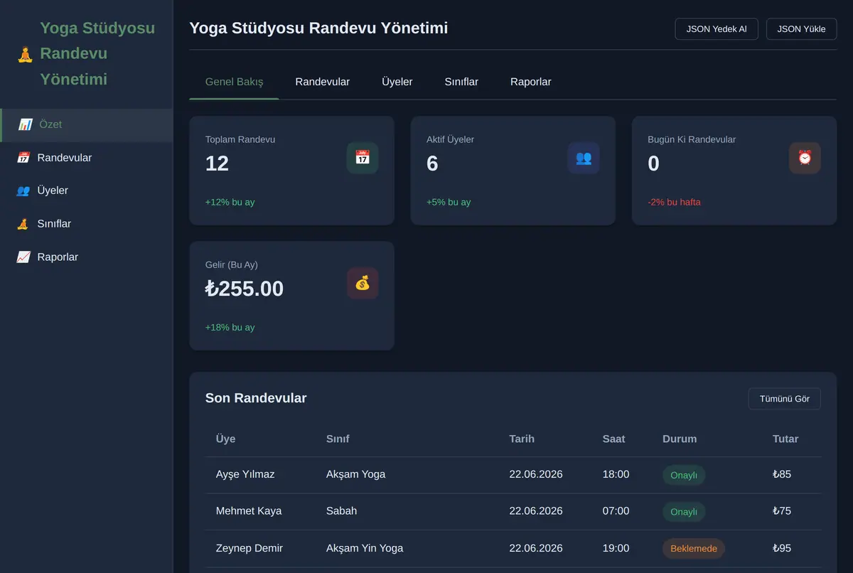 Yoga Stüdyosu Randevu Yönetimi ekran görüntüsü 2