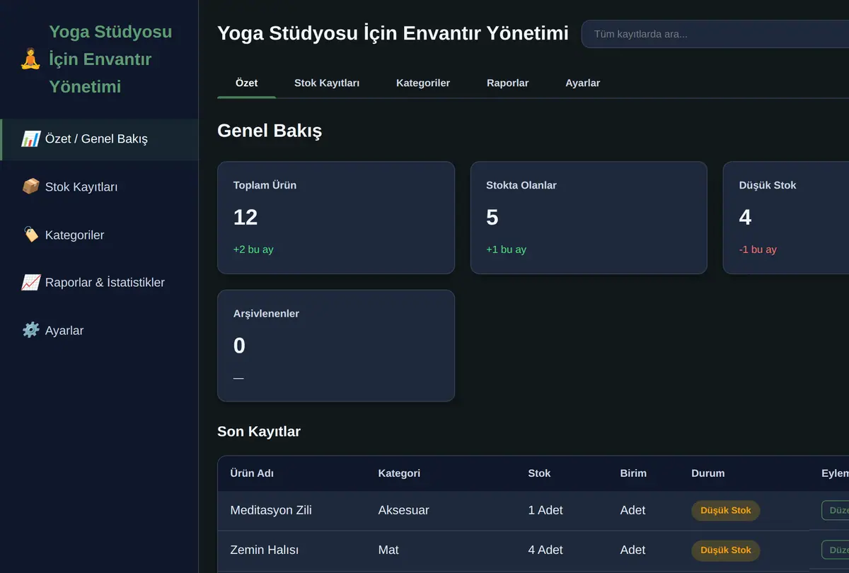 Yoga Stüdyosu İçin Envantır Yönetimi ekran görüntüsü