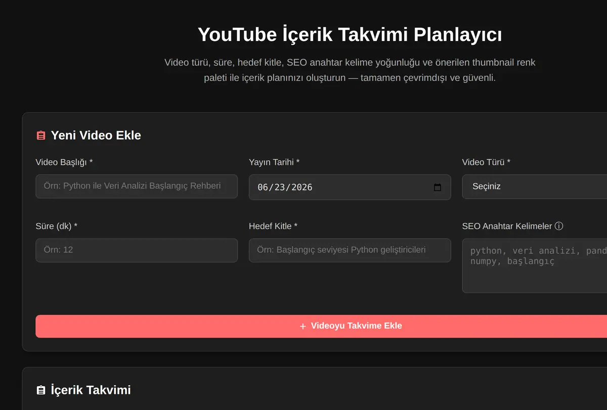 YouTube İçerik Takvimi Planlayıcı ekran görüntüsü