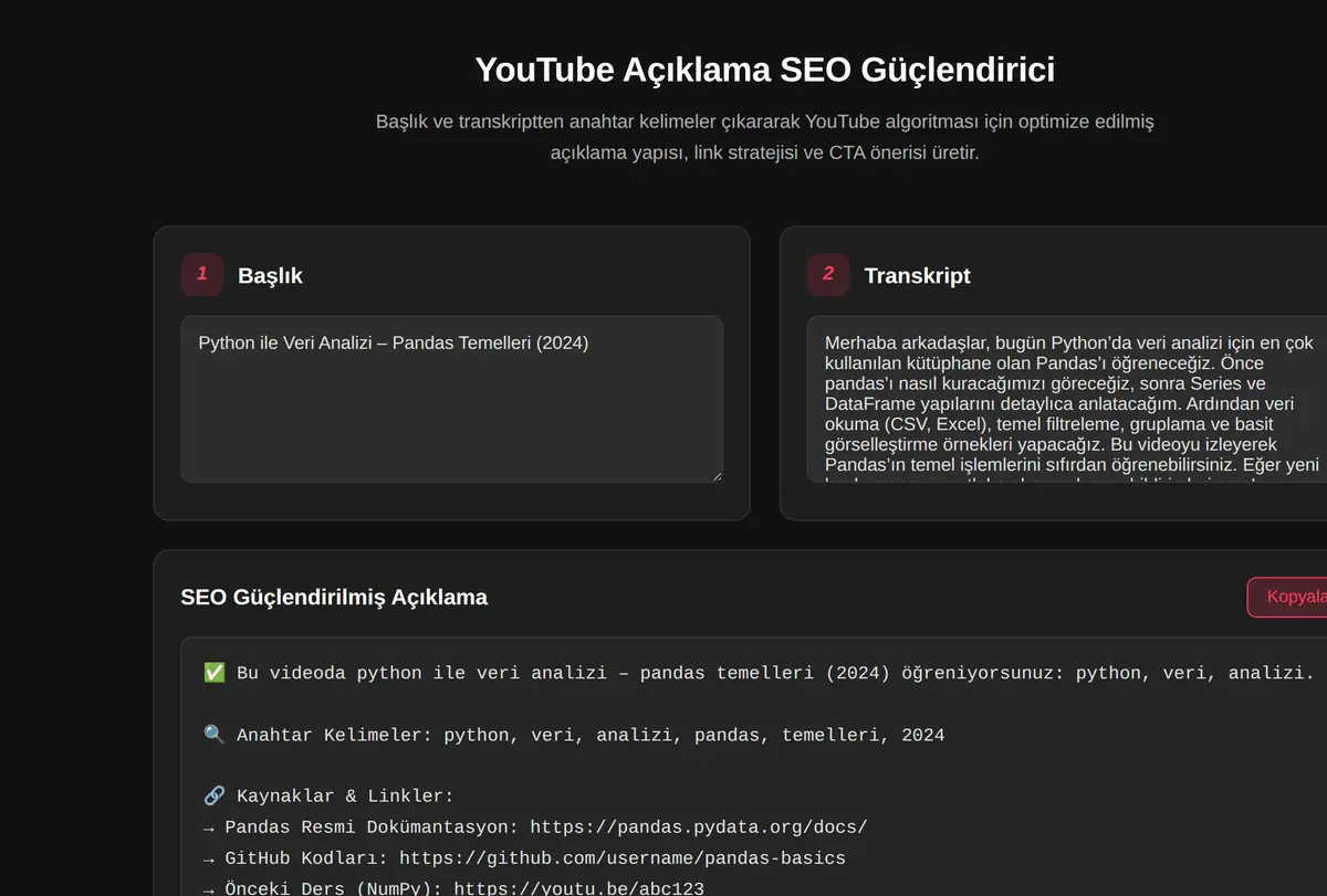 YouTube Açıklama SEO Güçlendirici ekran görüntüsü
