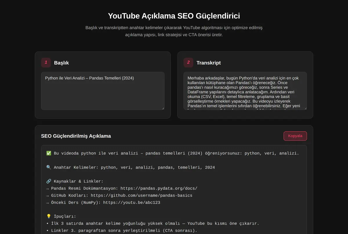 YouTube Açıklama SEO Güçlendirici ekran görüntüsü 2